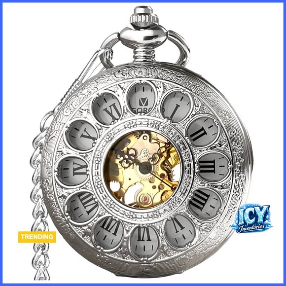 Mechanical Hand Wind Pocket Watch with Chain, Skeleton Floral Design main image 4